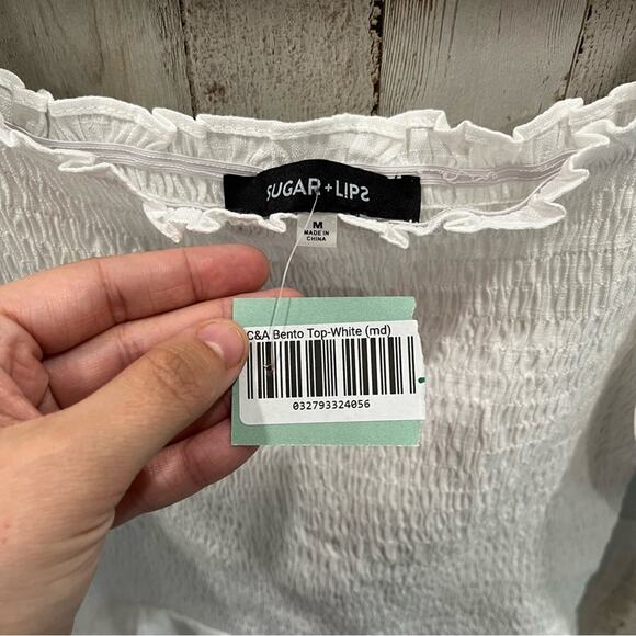 New! SugarLips Bento White Square Neck Smocked Peasant Top Medium - Picture 3 of 5